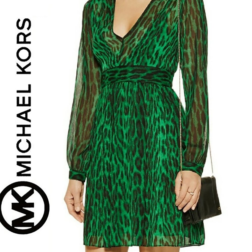 MICHAEL KORS High Woods 2 Green Leopard Mini Dress Long-Sleeve Chiffon Doll NWOT